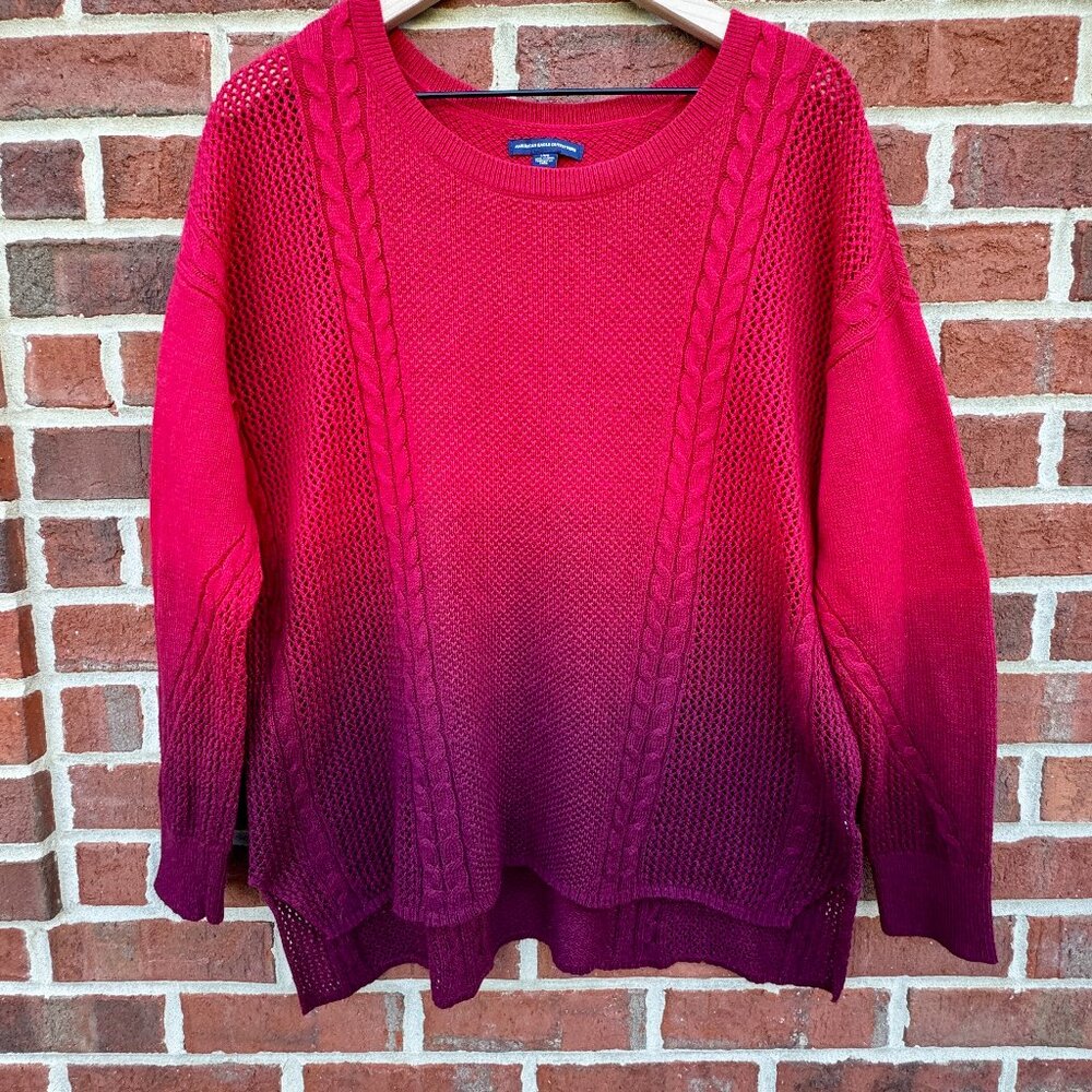 American Eagle Open Cable Knit Sweater Large Red Ombre Dip-Dye Transitional